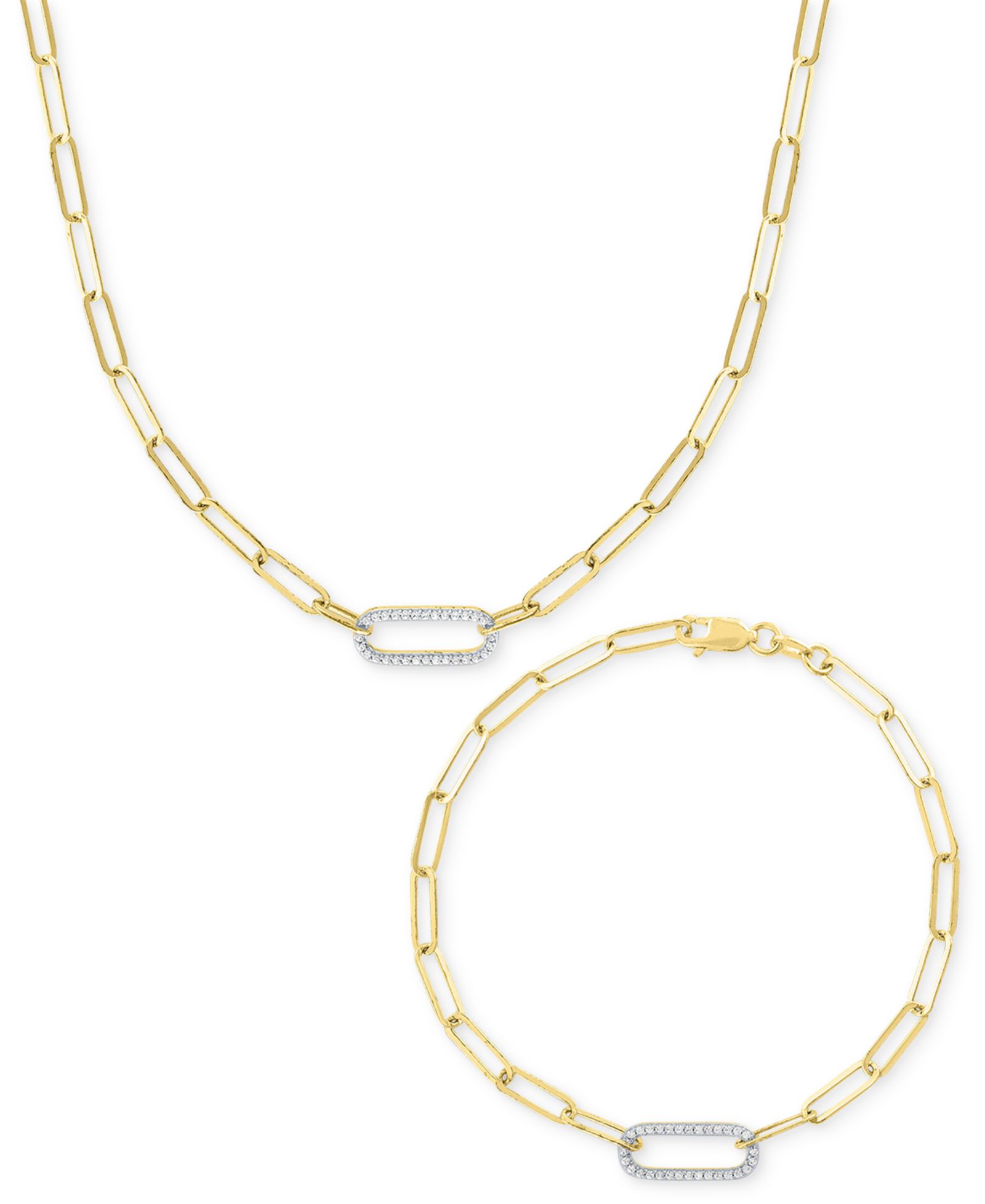 2-Pc. Set Diamond Paperclip Link Collar Necklace & Bracelet (1/4 ct. t.w.) in 14k Gold-Plated Sterling Silver