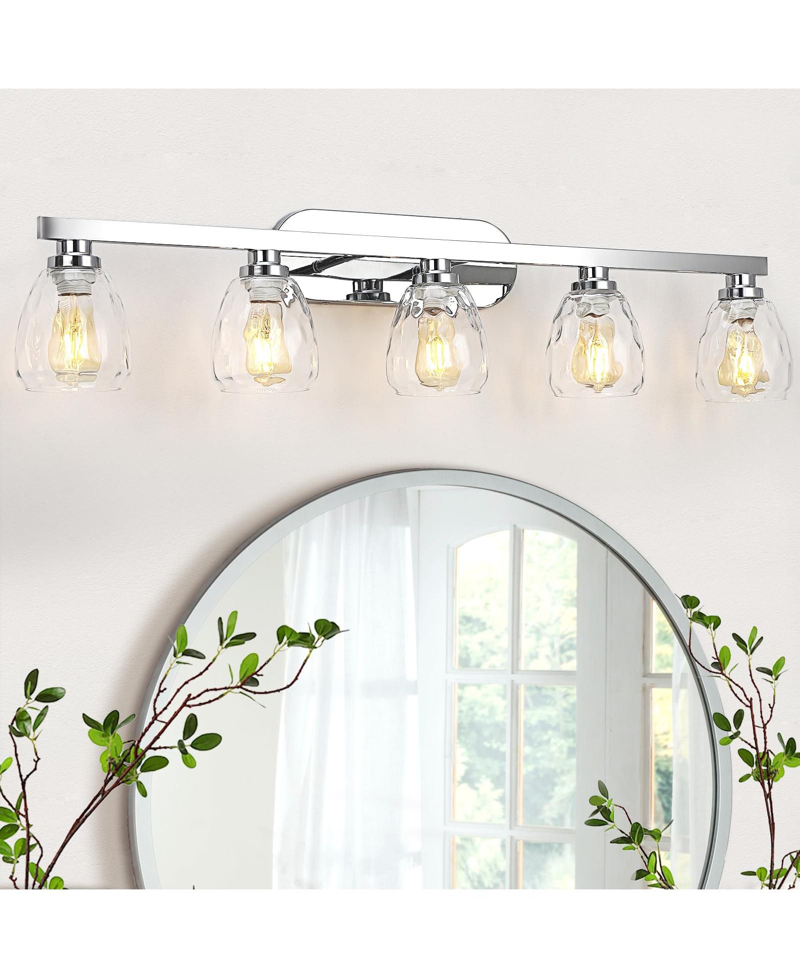 gaomon 5 Light Bathroom Light Fixtures Chrome with Hammered Glass Shade, Vanity Lighting Fixtures Over Mirror Wall Mount E26 Socket for Hallway Kitchen Bedroom Living Room