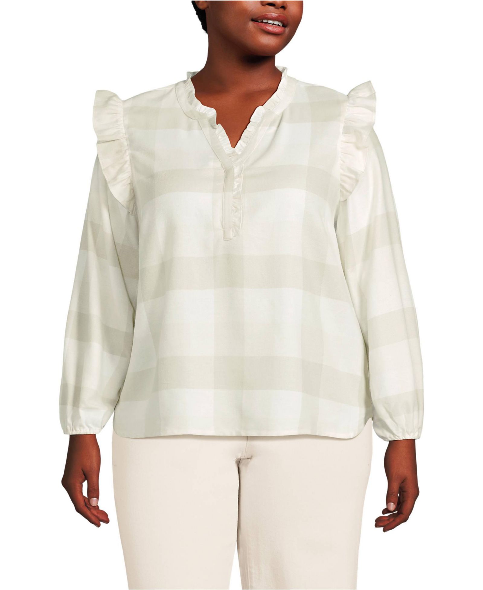 Lands' End Women's Plus Size Ruffle Front Flannel Popover Blouse