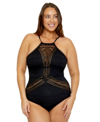 Becca ETC Plus Size Color Play Crocheted High Neck One-Piece Swimsuit