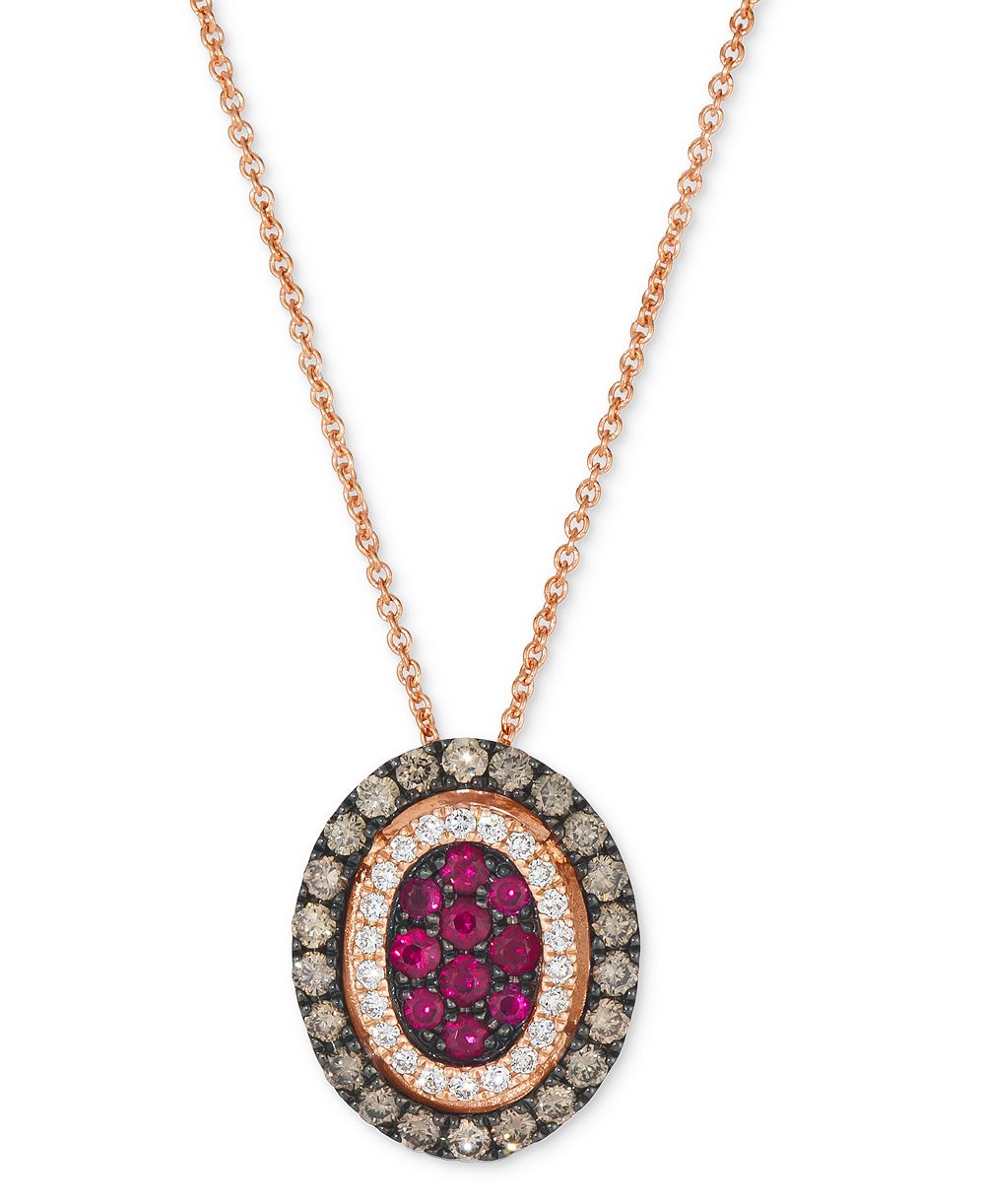 Le Vian Chocolatier® Passion Ruby (1/4 ct. t.w.) & Diamond (1/2 ct. t.w.) Halo Cluster Oval 20" Adjustable Pendant Necklace in 14k Rose Gold