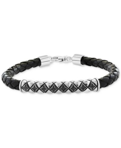 EFFY® Men's Black Spinel Woven Black Leather Bracelet (1/6 ct. t.w.) in Sterling Silver