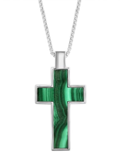 EFFY® Men's Malachite Square Cross 22" Pendant Necklace in Sterling Silver