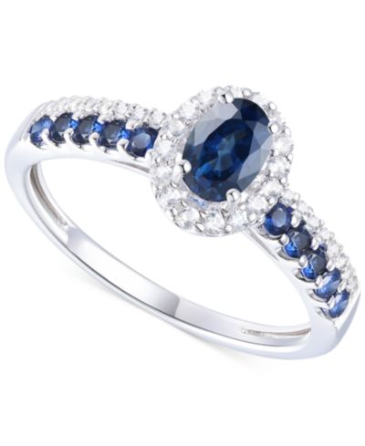 Sapphire (1 ct. t.w.) & Diamond (1/6 ct. t.w.) Oval Halo Ring in 14k White Gold (Also available in Ruby & Emerald)