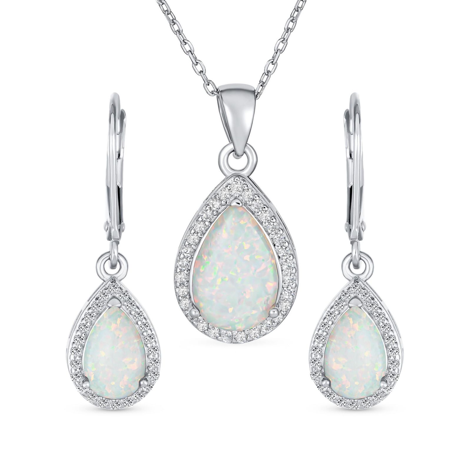 Комплект украшений Bling Jewelry: кулон с белым опалом и фианитом в ореоле и серьги-капли