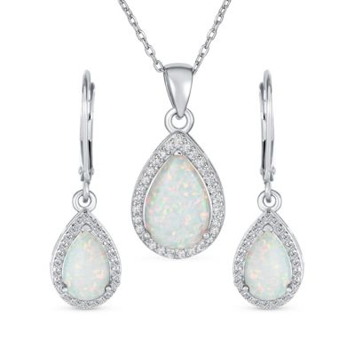 Комплект украшений Bling Jewelry: кулон с белым опалом и фианитом в ореоле и серьги-капли