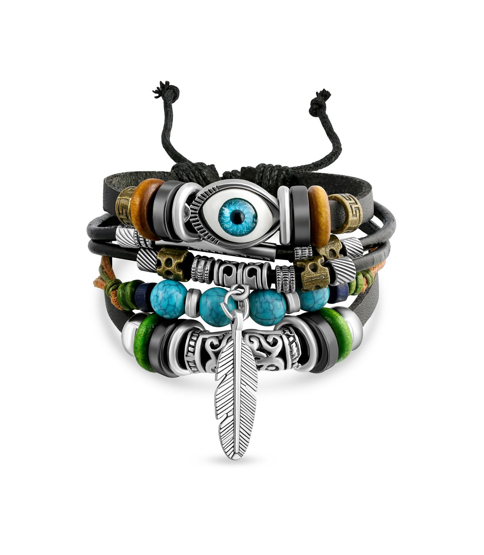 Bling Jewelry Boho Feather Evil Eye Turquoise Wood Bead Multi Layer Leather Wrap Bracelet