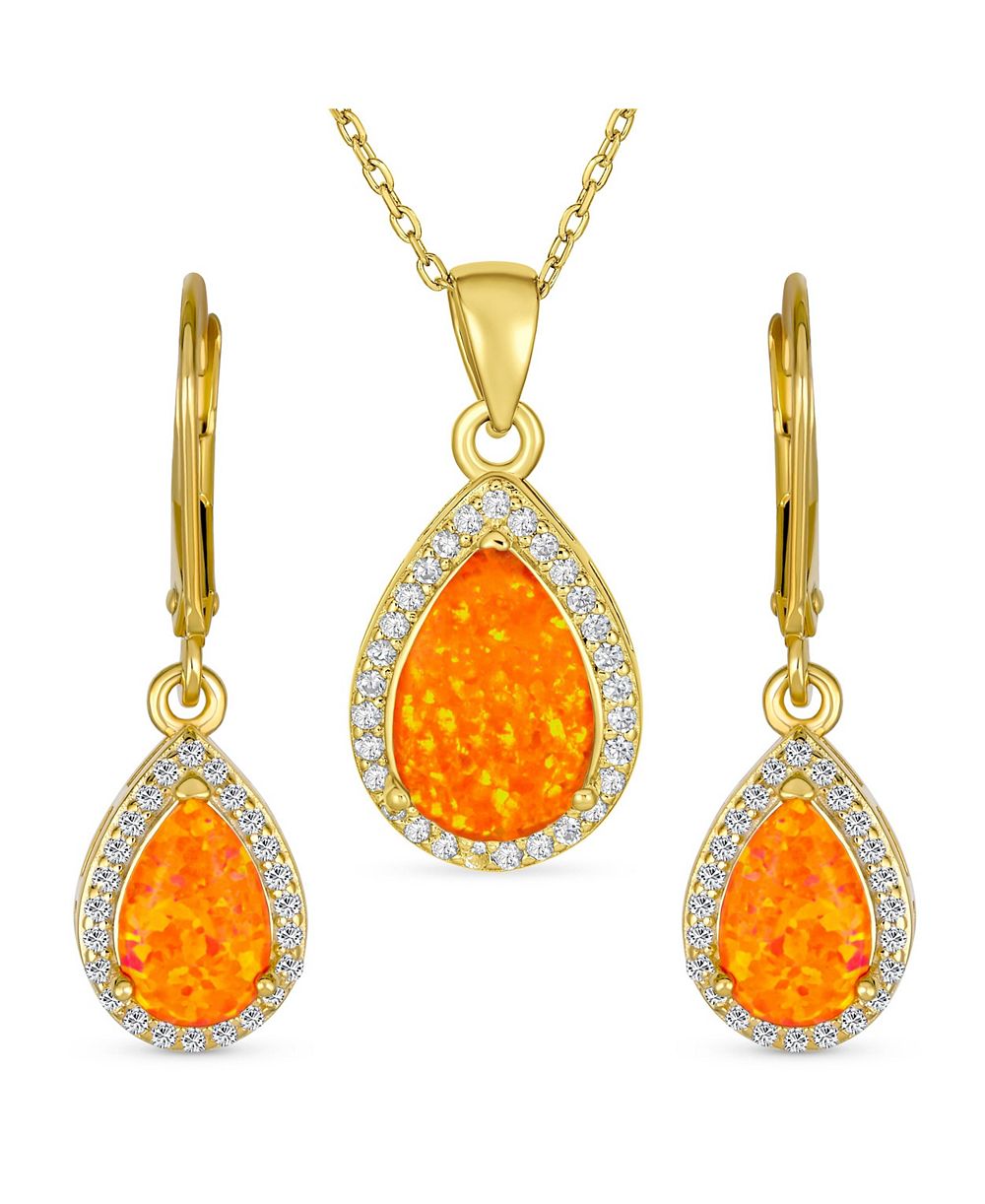 Bling Jewelry Teardrop Created Orange Opal CZ Halo Pendant Necklace and Drop Earrings Set
