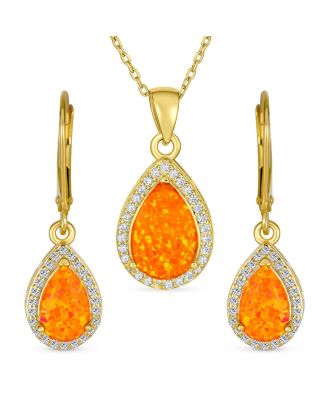 Bling Jewelry Teardrop Created Orange Opal CZ Halo Pendant Necklace and Drop Earrings Set
