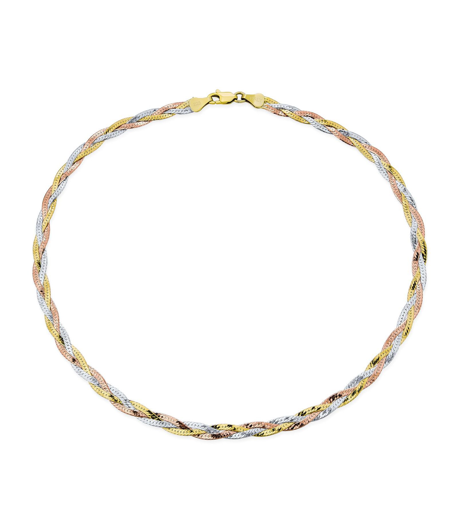Bling Jewelry Трехцветное плетеное ожерелье змеиной цепи с позолотой розового золота на стерлинговом серебре, 16"