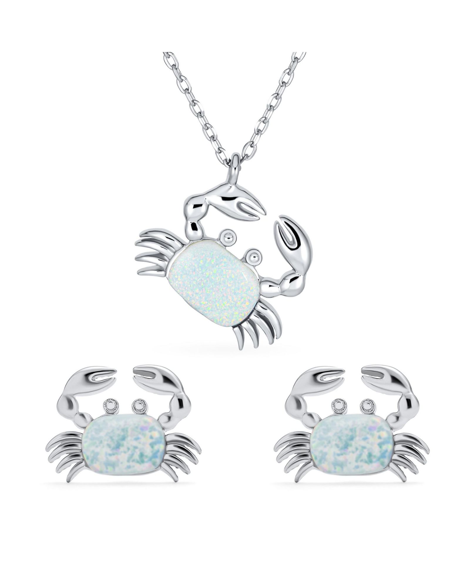 Bling Jewelry Nautical White Opal Crab Stud Earrings and Pendant Necklace Set Sterling Silver