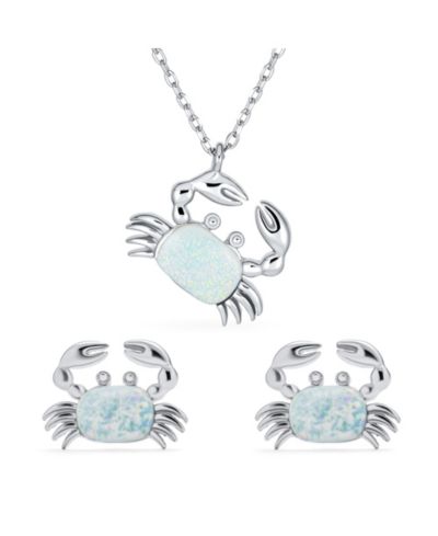 Bling Jewelry Набор серьги-гвоздики и подвеска с крабом из белого опала, стерлинговое серебро