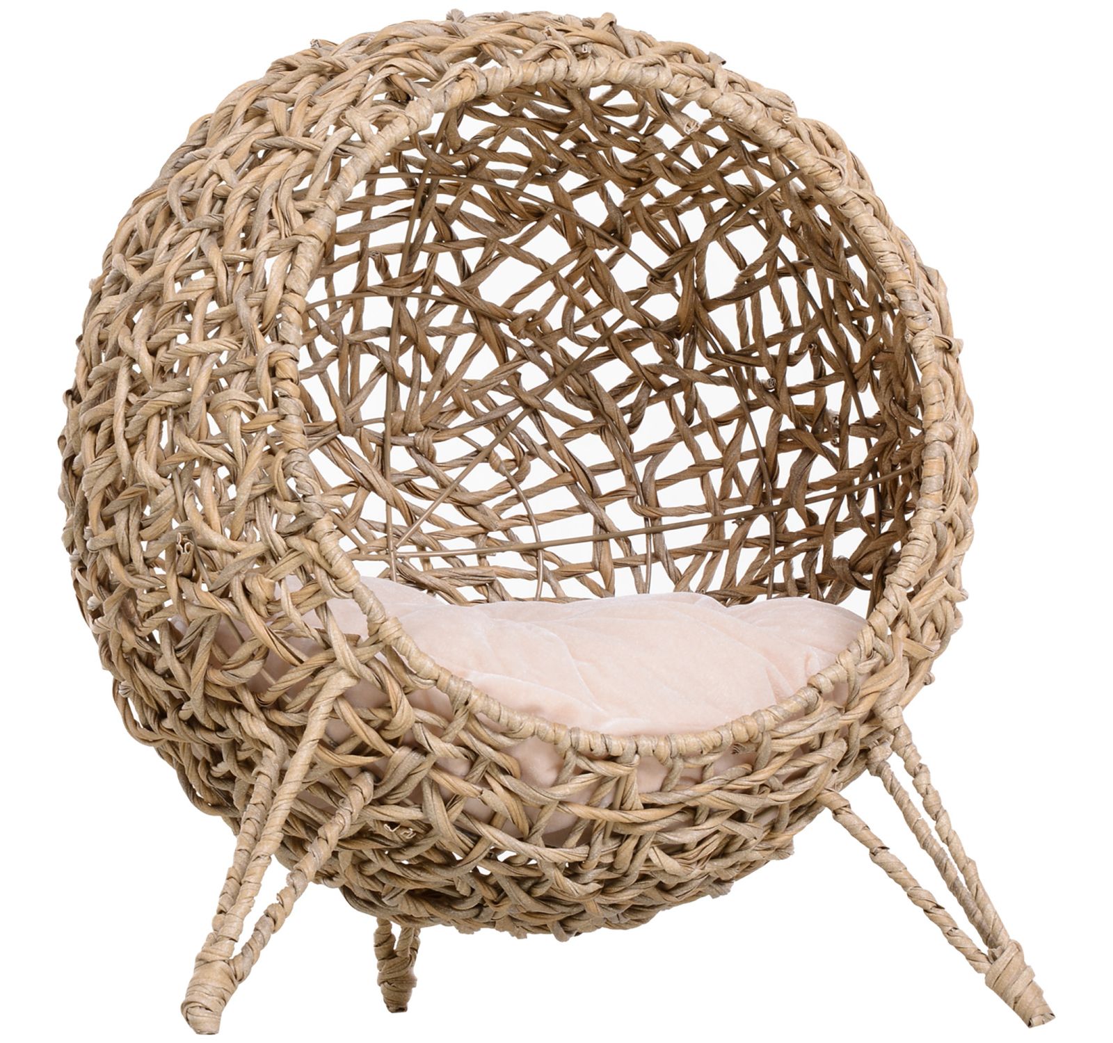 20.5" Weaved Cat Bed, Elevated Hand-woven Braided Banana Leaf Kitten House Condo with Cushion, Beige