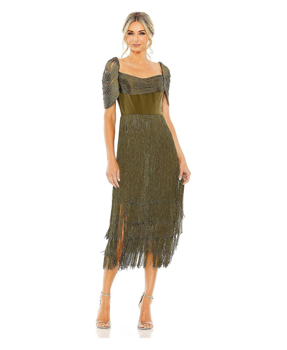 Mac Duggal Women's Short Sleeve Fringe Detailed Midi Dress