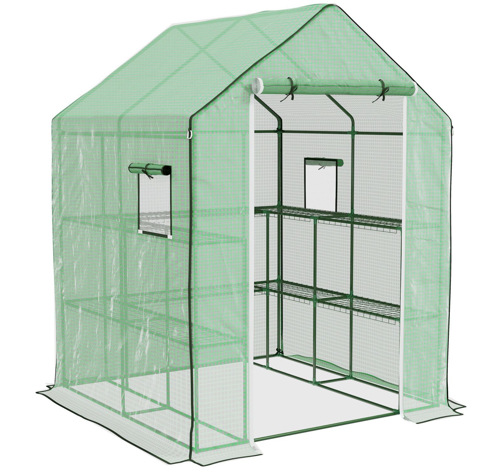 4.6' x 4.7' Portable Greenhouse, Water/UV Resistant Walk-In Small Outdoor Greenhouse with 2 Tier U-Shaped Flower Rack Shelves, Roll Up Door & Windows, Green