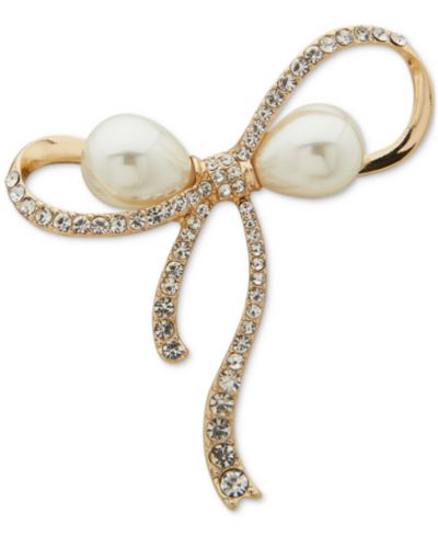 Брошь Anne Klein Gold-Tone Imitation Pearl & Crystal Pavé Ribbon Bow