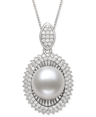 Belle de Mer Peacock Black Cultured Freshwater Pearl & Cubic Zirconia 18" Pendant Necklace in Sterling Silver (Also in White Pearl)