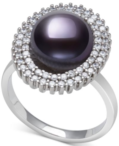 Belle de Mer Peacock Black Cultured Freshwater Pearl (10mm) & Cubic Zirconia Halo Ring in Sterling Silver (Also in White Cultured Freshwater Pearl)