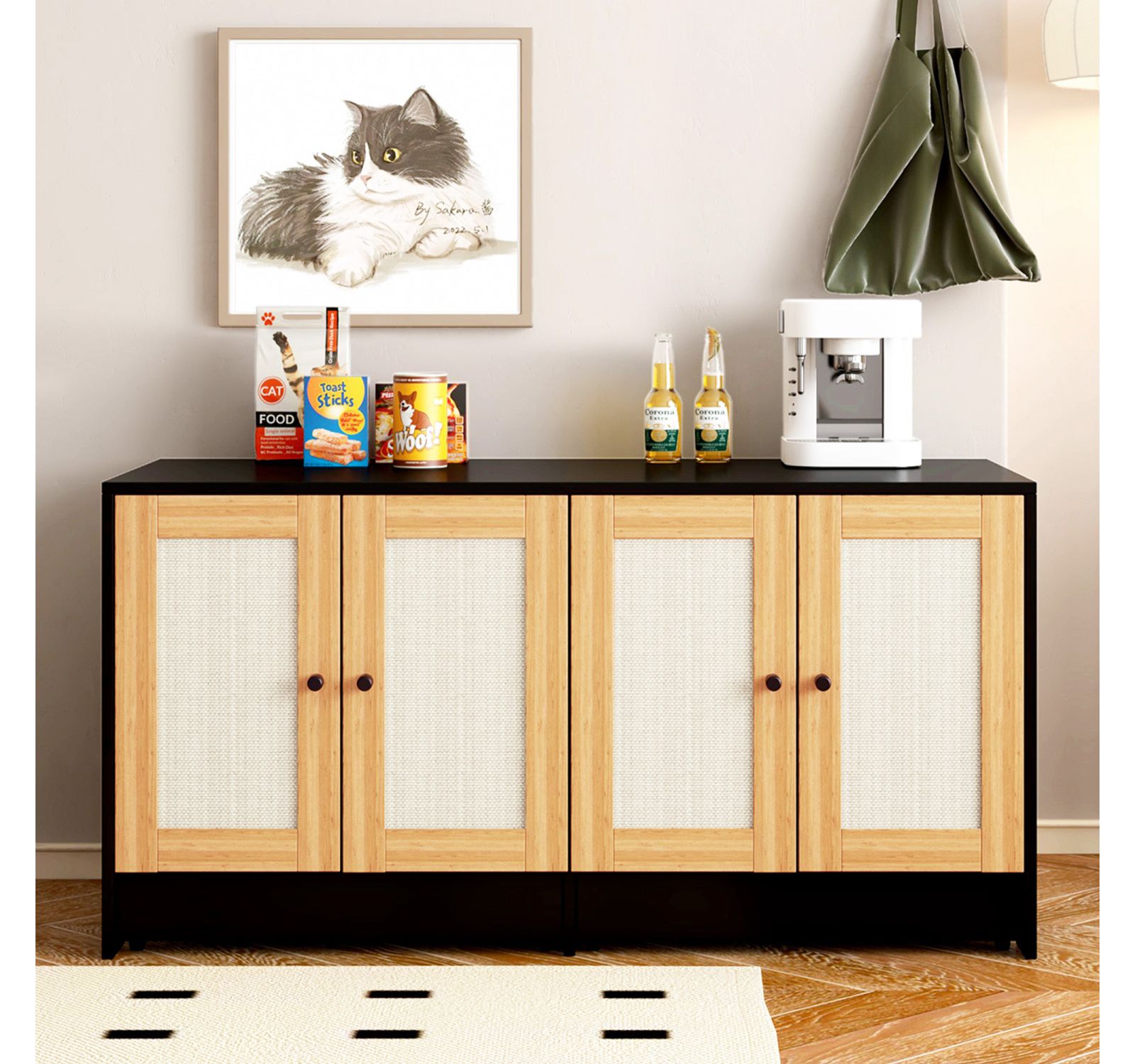 Мебель Streamdale Furniture Hidden Litter Box с двойными дверцами из ротанга