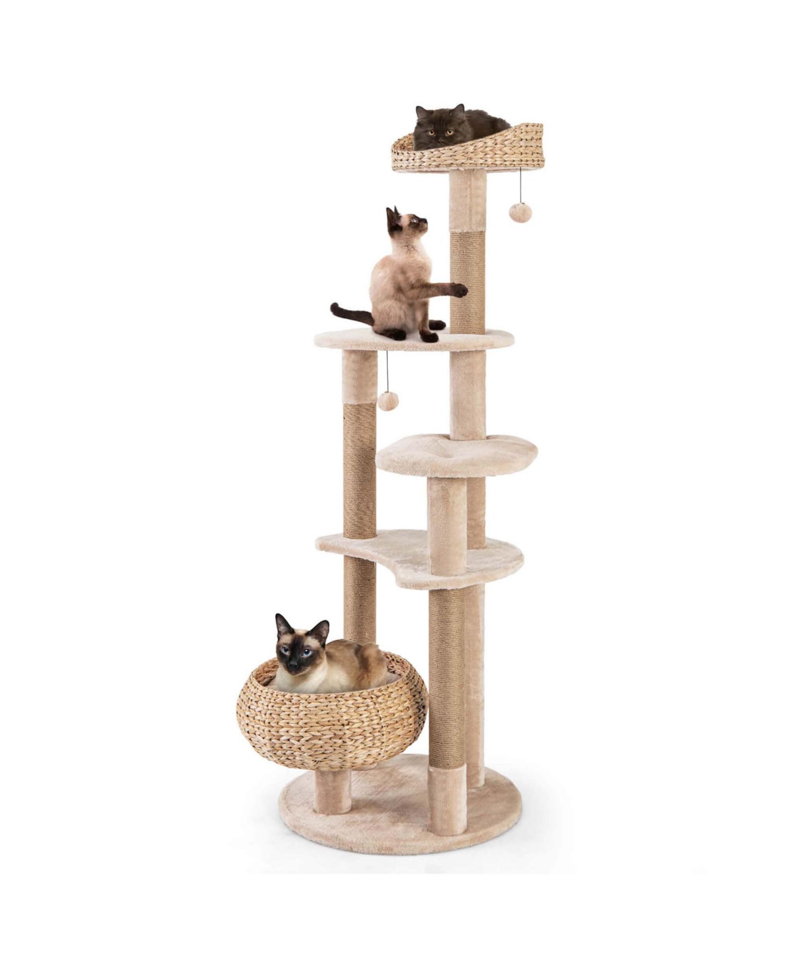65" Cattail Cat Tower with Jute Scratching Posts Perch Basket Bed