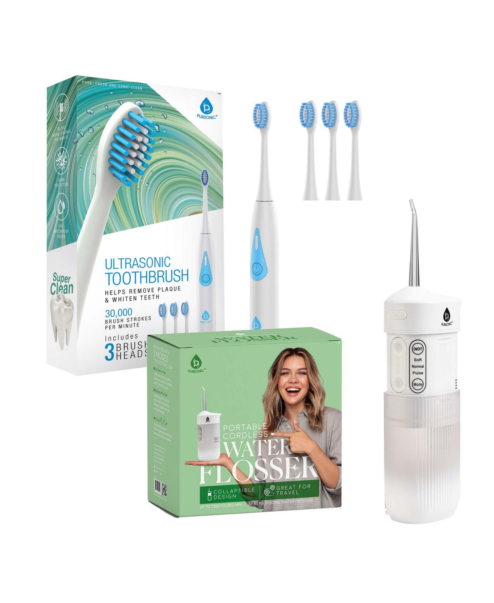 PURSONIC Ultimate Smile Care Duo: Triple-Head Tooth Wizard & Travel-Ready Water Flosser