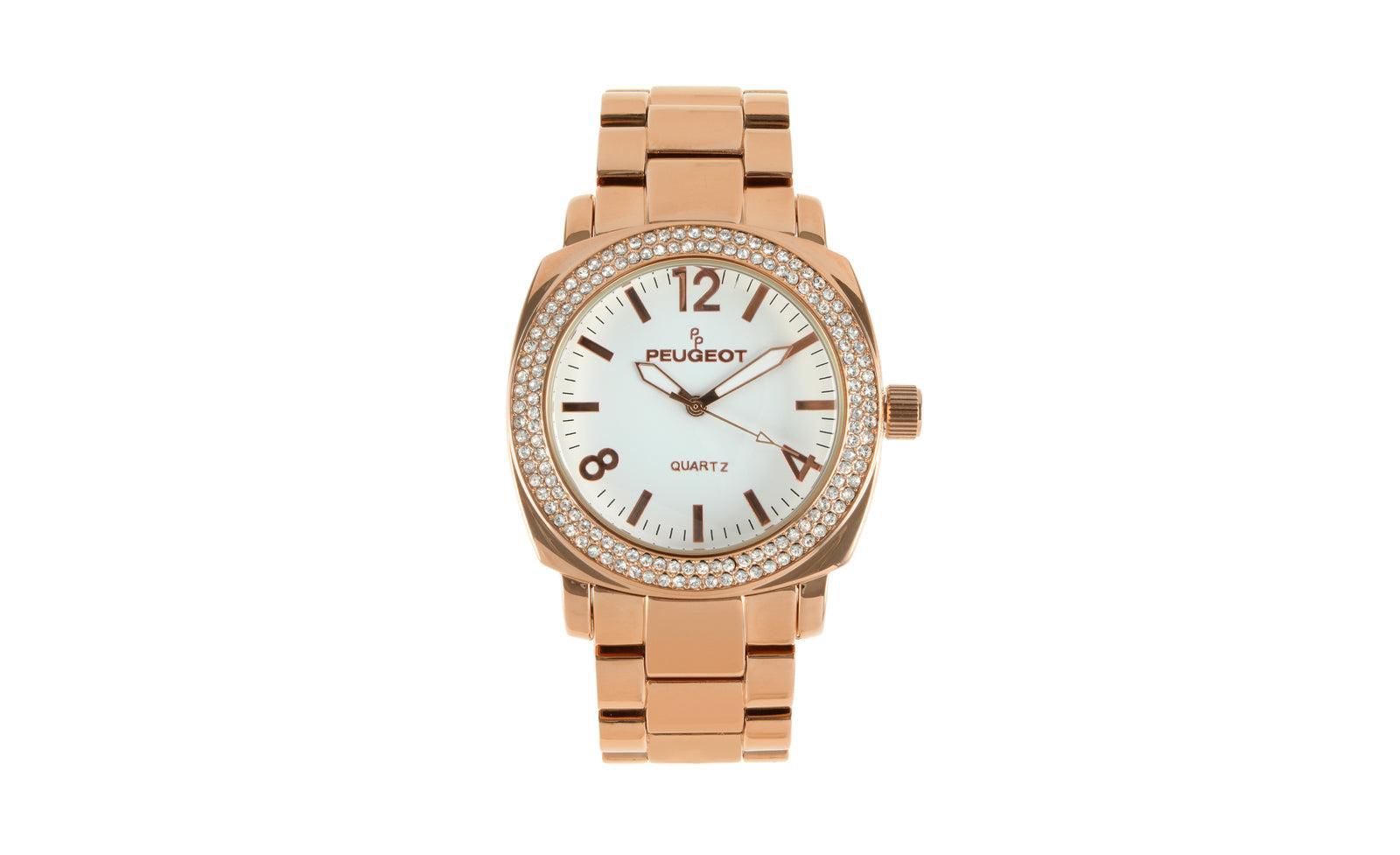 Peugeot Women's 40mm Rose Gold Boyfriend Bracelet Watch with Crystal Bezel