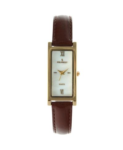 Peugeot Women's Rectangular Gold-Tone Case Watch Glossy Brown Leather Strap