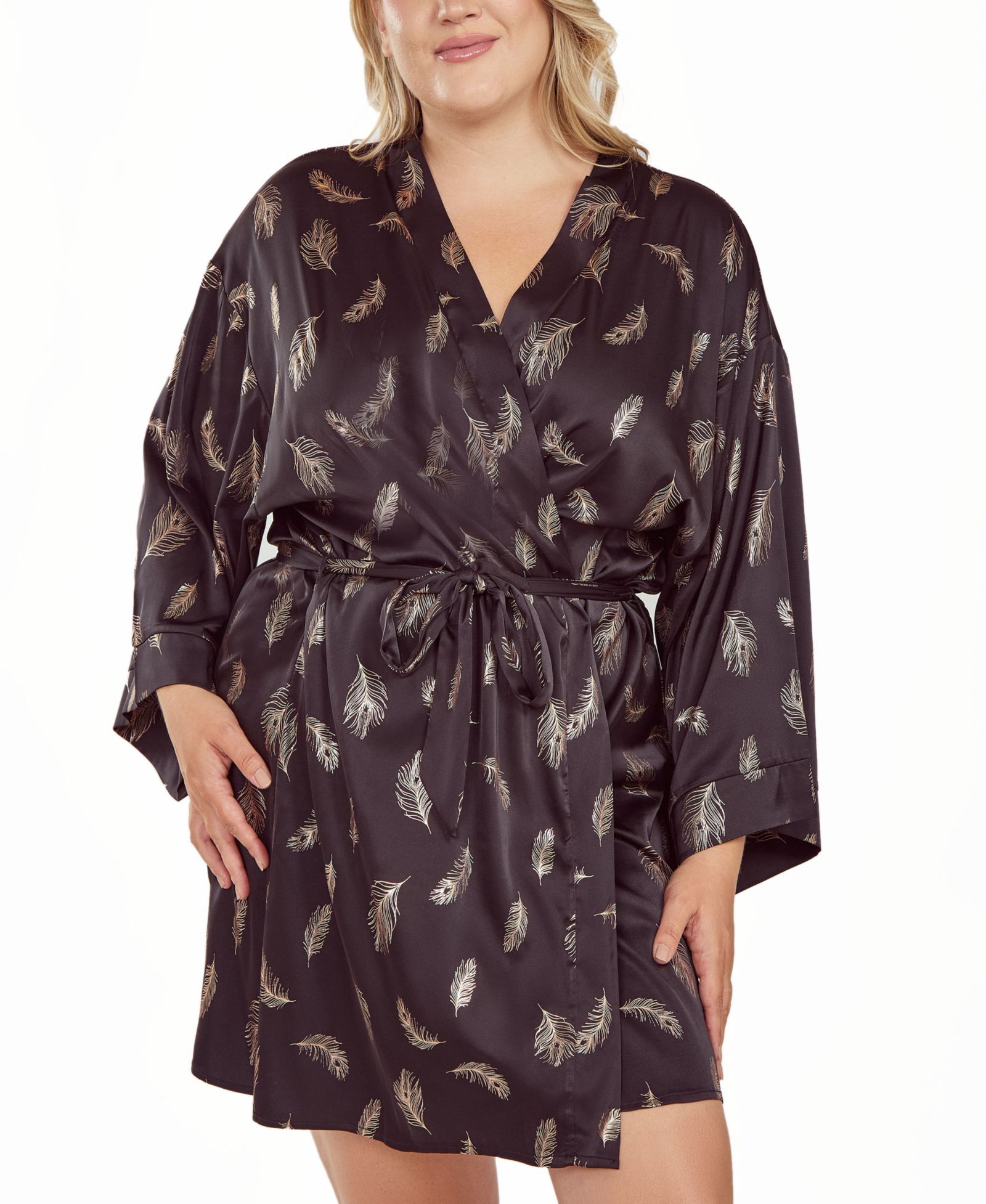 Женский шелковый халат iCollection Plus Size Silky Self Tie в принте Feather