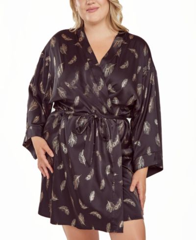 Женский шелковый халат iCollection Plus Size Silky Self Tie в принте Feather