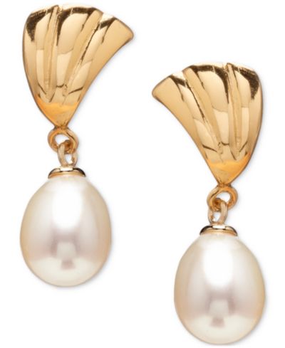 Серьги-подвески с речным жемчугом, 18k Gold over Sterling Silver, 7.5-9.5mm