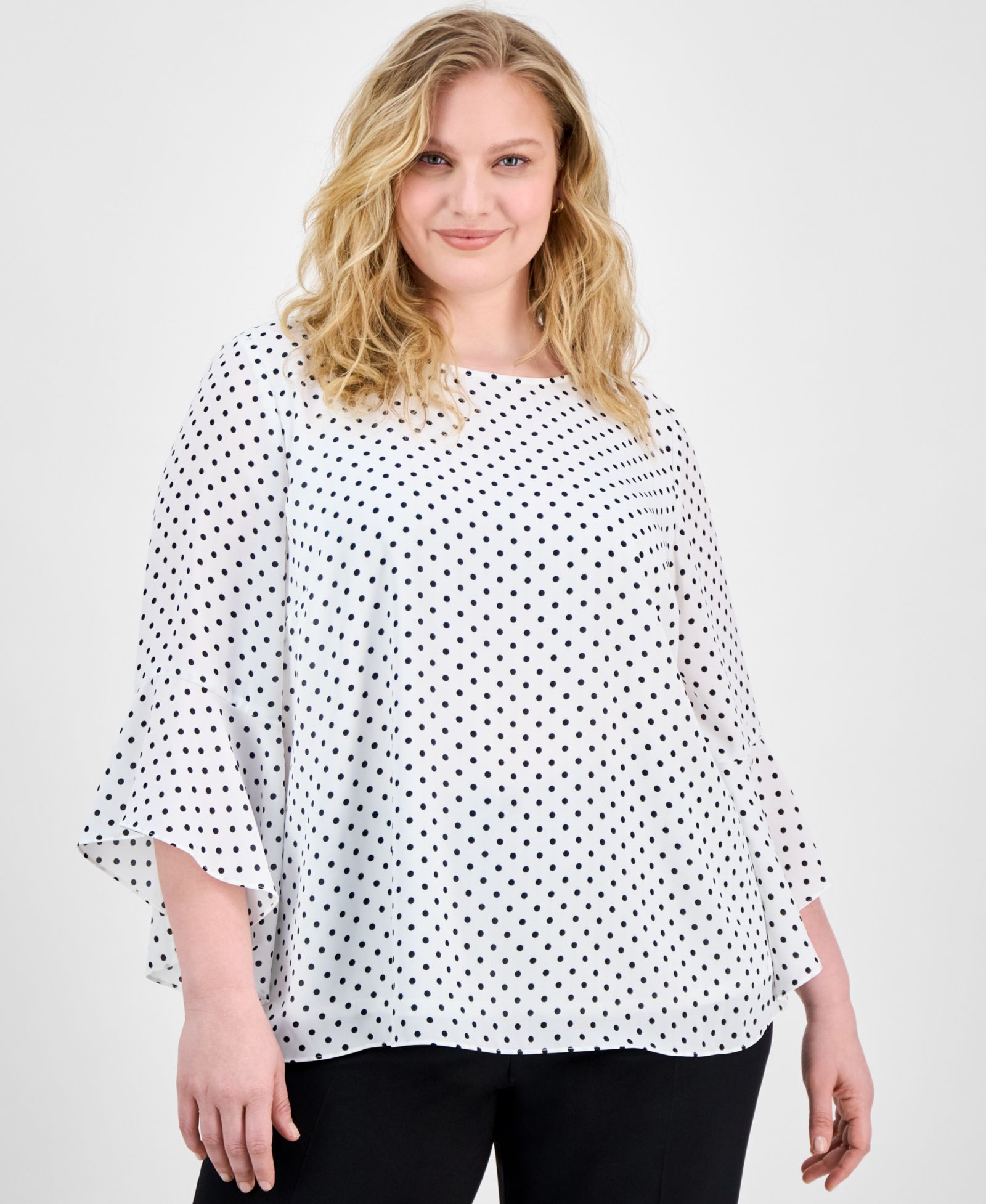 Kasper Plus Size Polka-Dot Ruffle-Sleeve Blouse