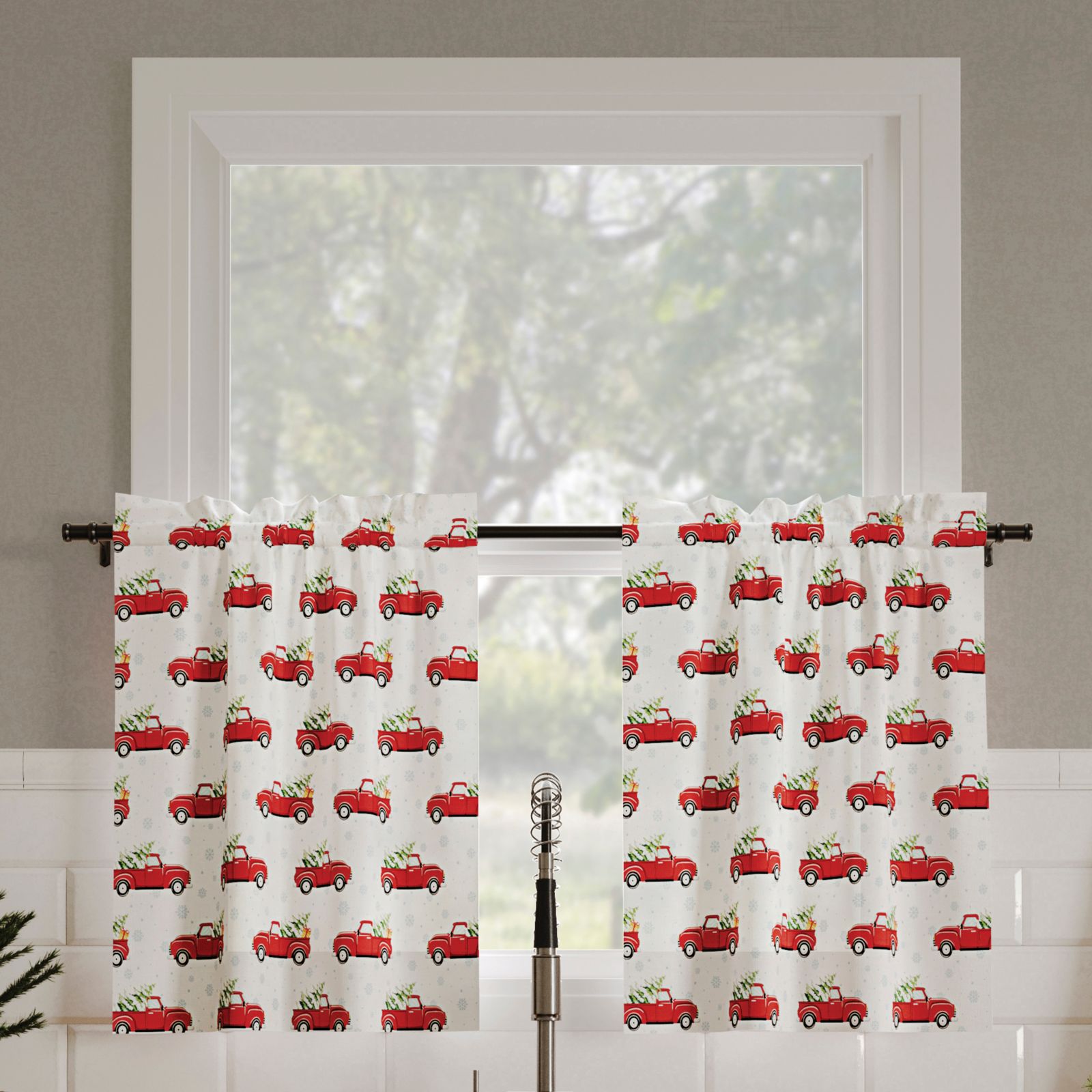 Christmas Pickup Truck Semi-Sheer Rod Pocket Kitchen Curtain Tier Pair