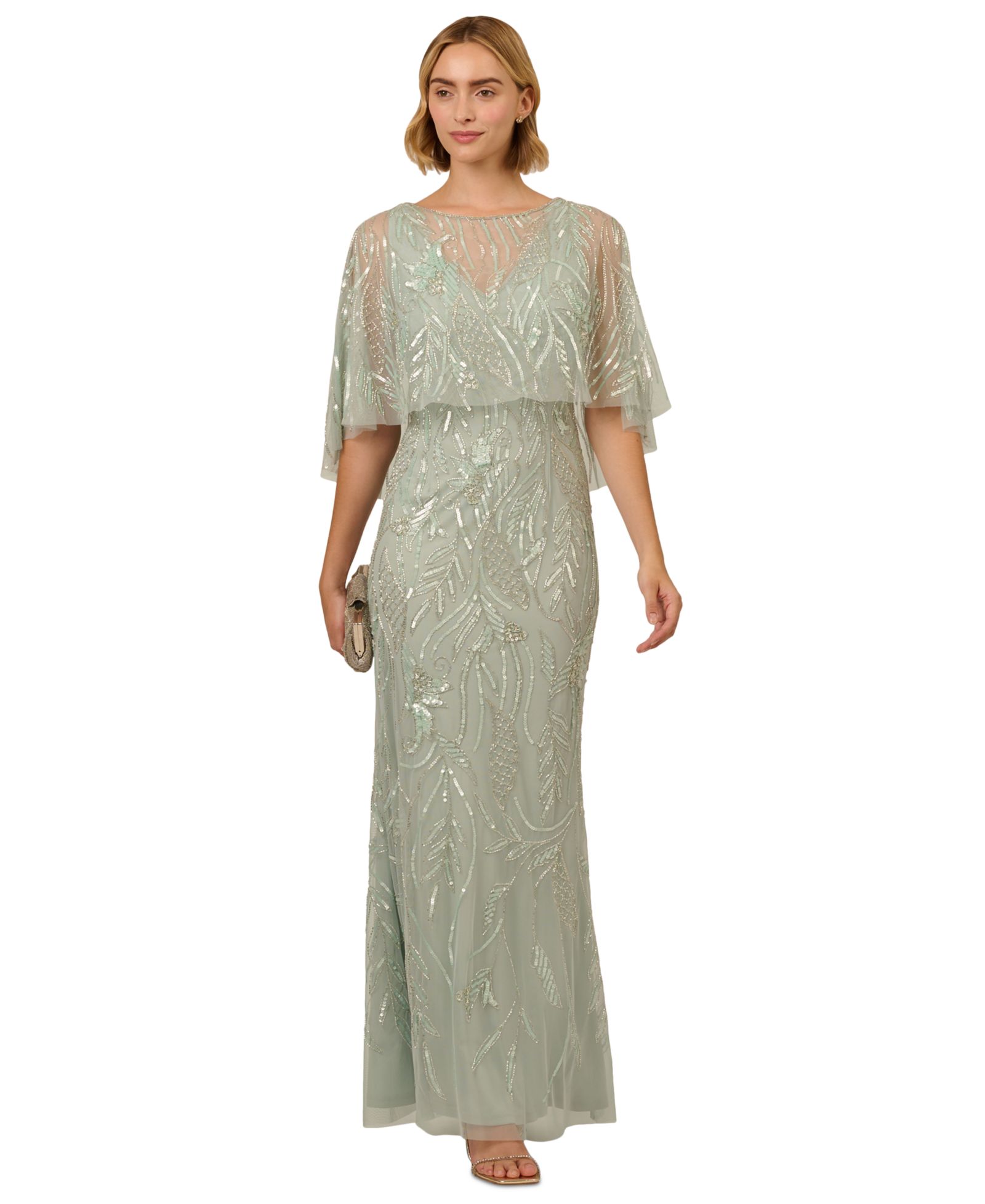 Женское вечернее платье Adrianna Papell Women's Beaded Cape V-Neck Long Gown