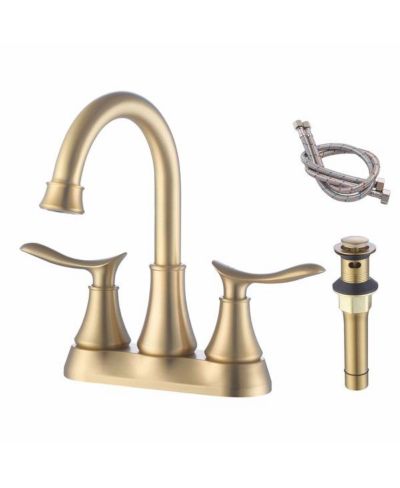 2-Handle 4-Inch Brushed Gold Bathroom Faucet with Pop-Up Drain and Supply Hoses for Vanity Sinks