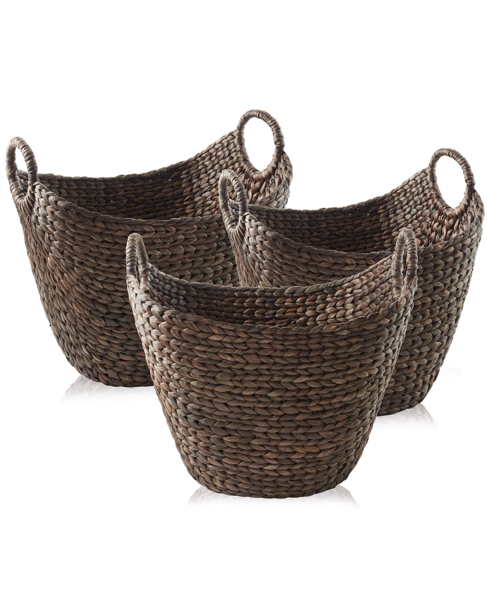 Casafield Set of 3 Boat Baskets with Handles - Espresso, Woven Water Hyacinth Storage Organizers for Blankets, Laundry, Bathroom, Bedroom, Living Room