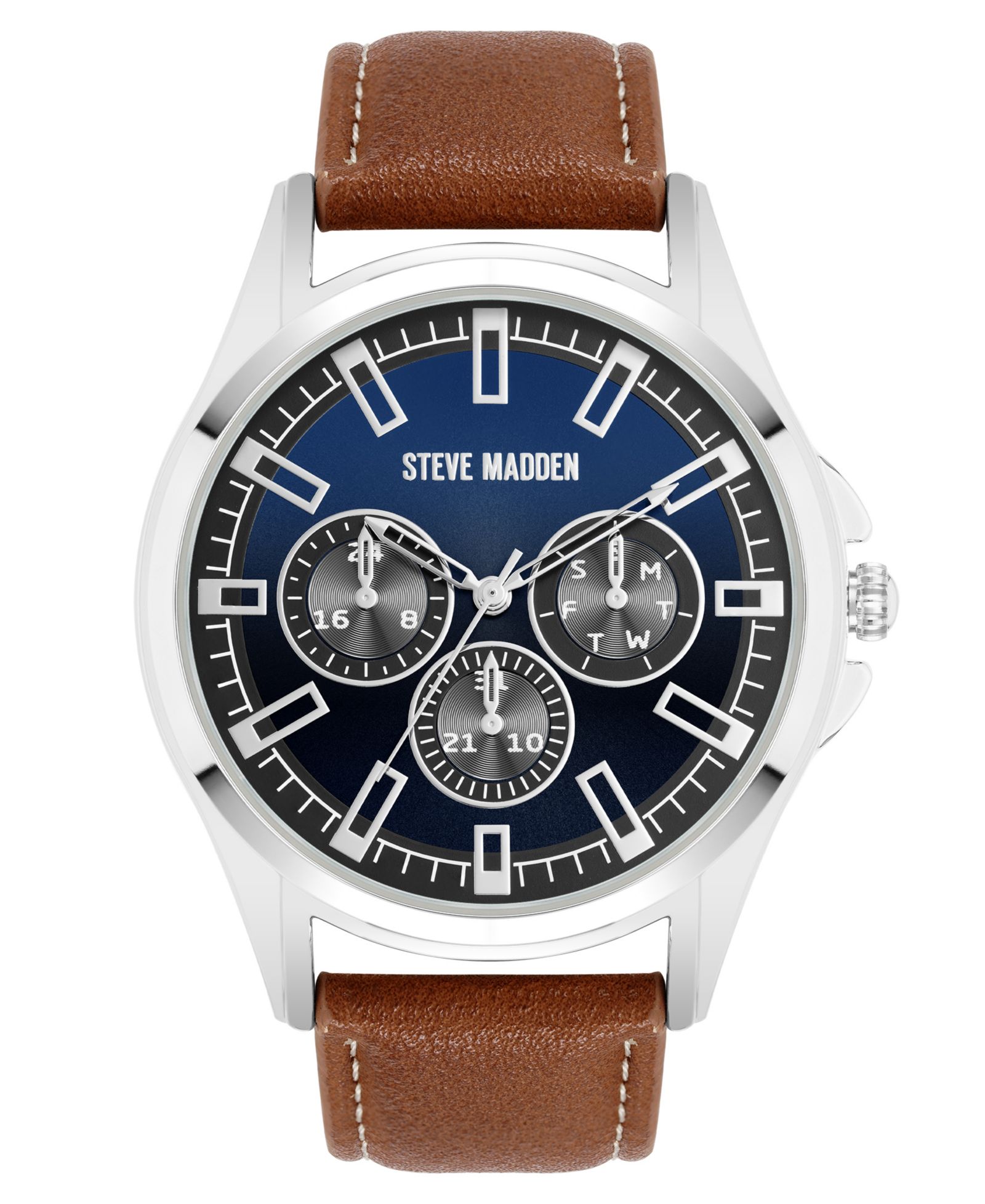 Мужские часы Steve Madden Signature Blue and Brown Faux Leather, 45mm