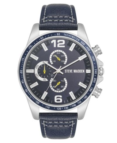 Steve Madden Men's Modern Navy Faux Leather and Silver-Tone Alloy Metal Watch, 45mm
