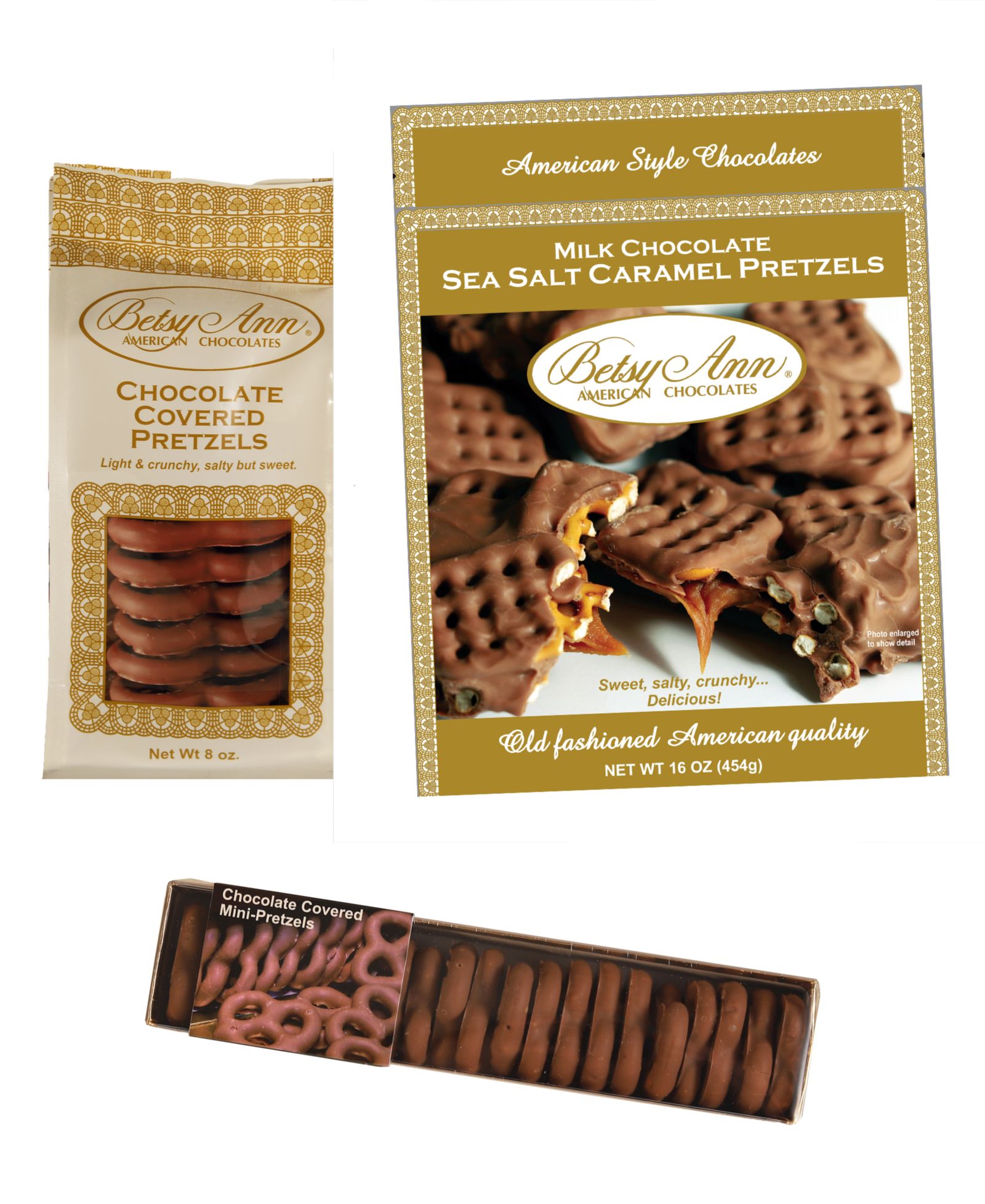 Betsy Ann Chocolates Chocolate Pretzel Assortment Bundle, 3 Piece
