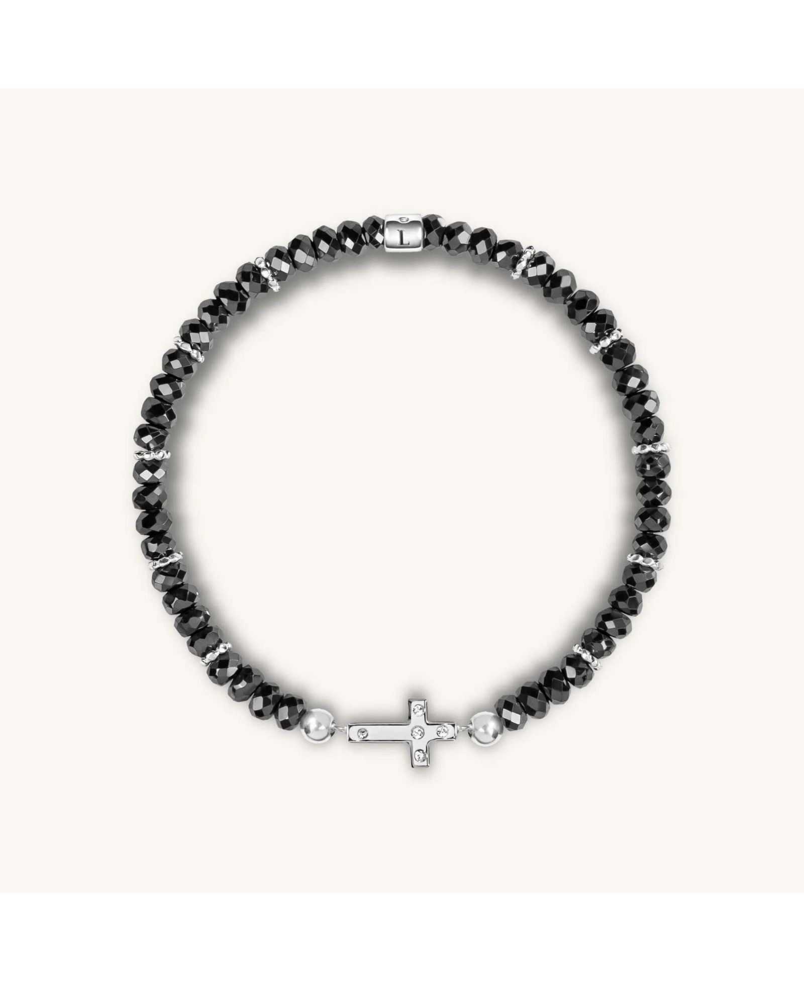 Karma and Luck Hematite Silver Cross Charm Bracelet