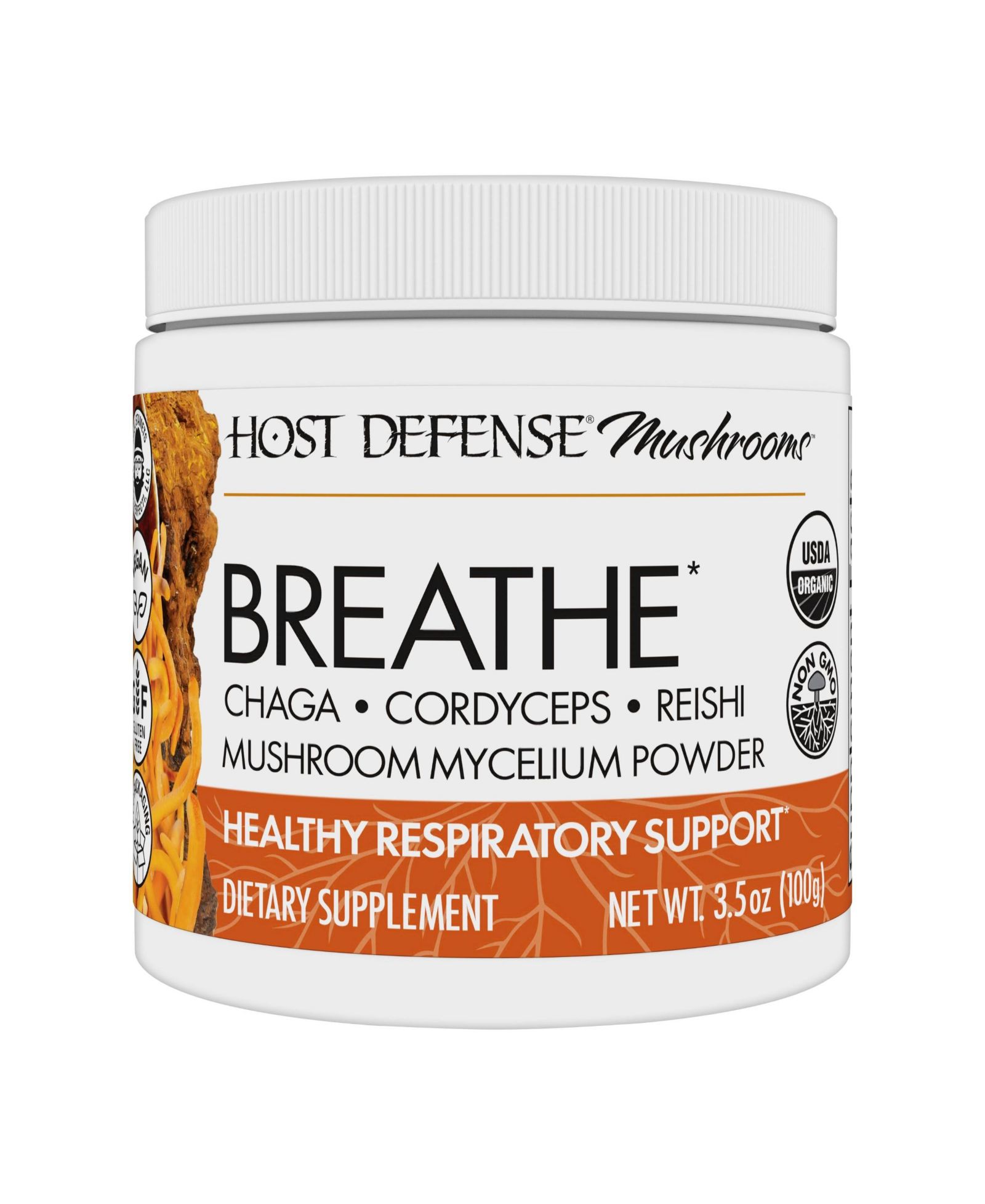 Host Defense Breathe порошок для поддержки иммунитета и дыхания с чагой, рейши и кордицепсом, травяное средство для здоровья легких, 3.5 oz