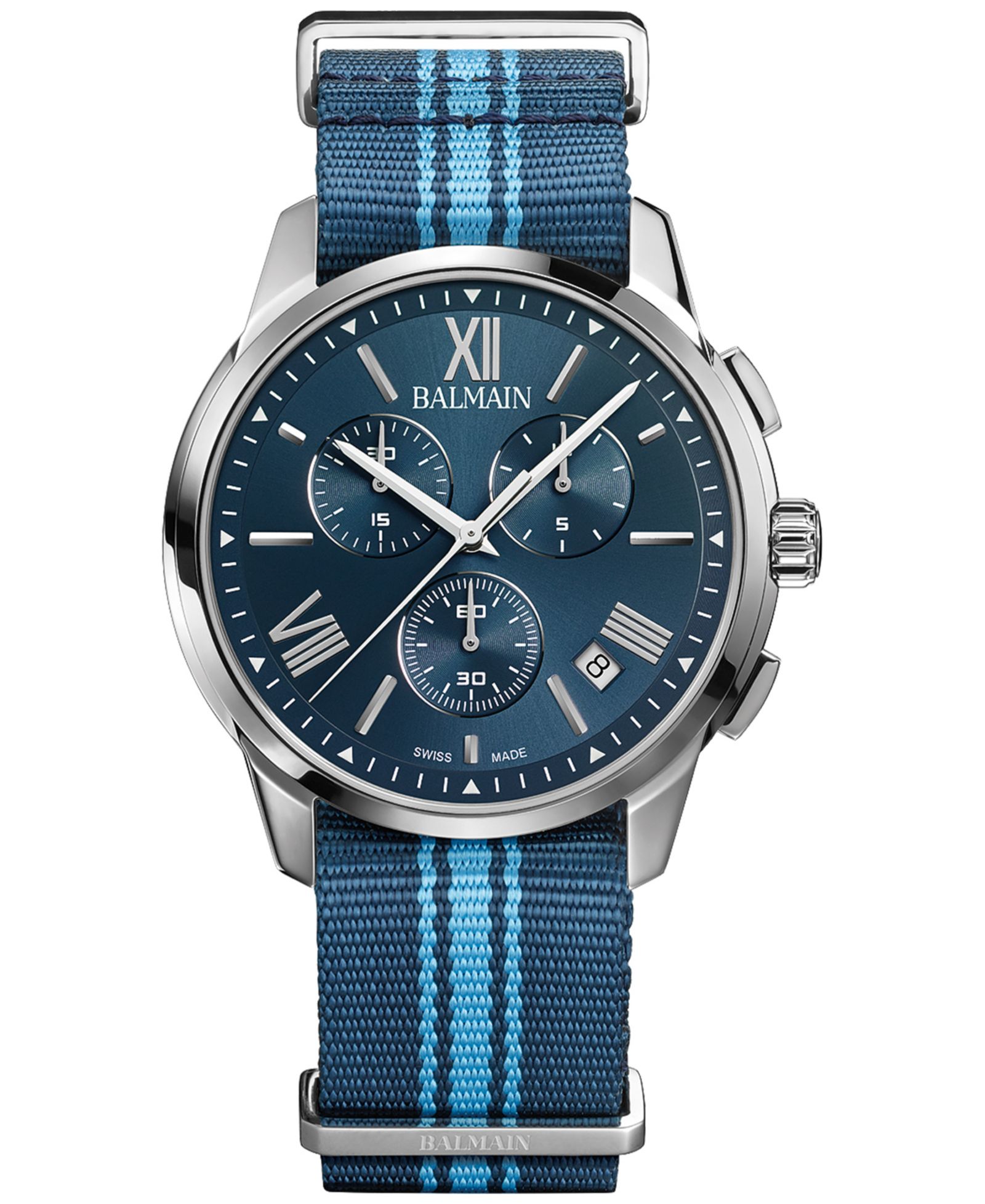Balmain Men's Swiss Chronograph Madrigal Dark Blue Striped NATO Strap Watch 42mm