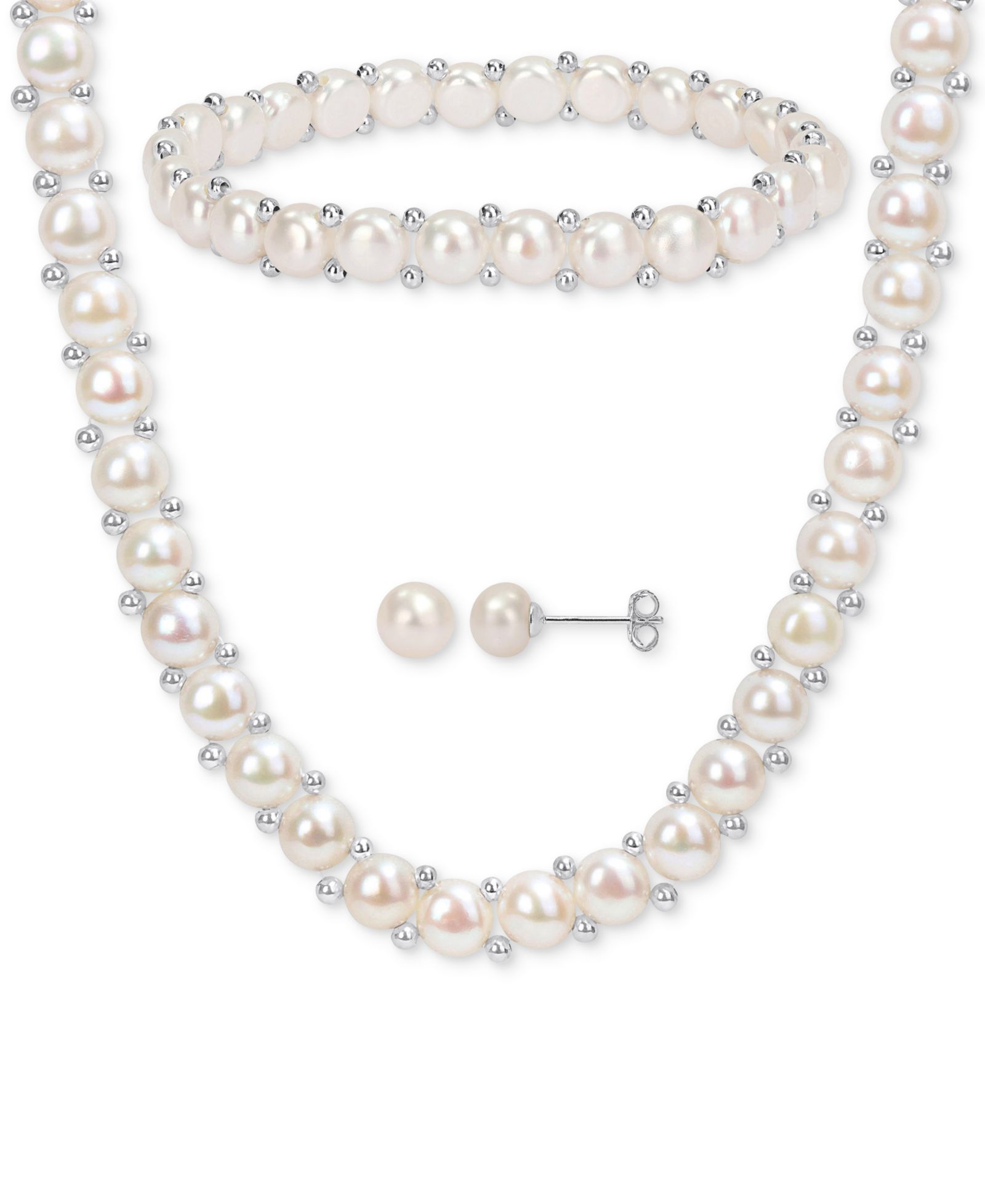 Набор из 3-Pc. Set Cultured Freshwater Pearl (6-7-1/2mm) Beaded Strand Necklace (17"), Stretch Bracelet & Stud Earrings в Sterling Silver