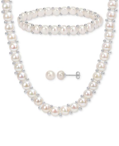 Набор из 3-Pc. Set Cultured Freshwater Pearl (6-7-1/2mm) Beaded Strand Necklace (17"), Stretch Bracelet & Stud Earrings в Sterling Silver