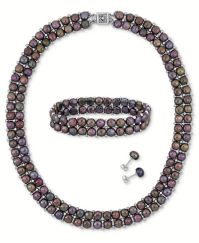 3-Pc. Set Pink Cultured Freshwater Pearl (6-8mm) Beaded Double-Row Strand Necklace, Stretch Bracelet & Stud Earrings in Sterling Silver