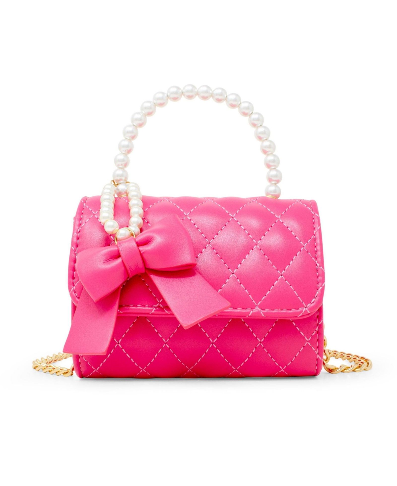 Tiny Treats + Zomi Gems Girls Quilted Pearl Handle Bow Ribbon Handbag, Hot Pink