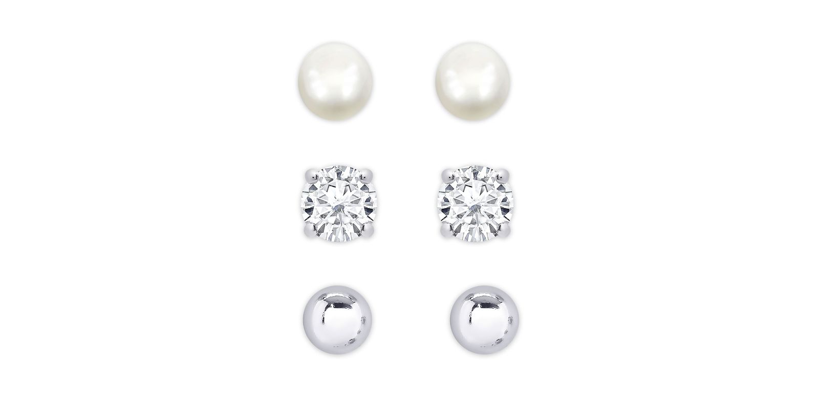 Lily Nily Girls Freshwater Pearl & CZ 3 Pairs Studs Set in Sterling Silver