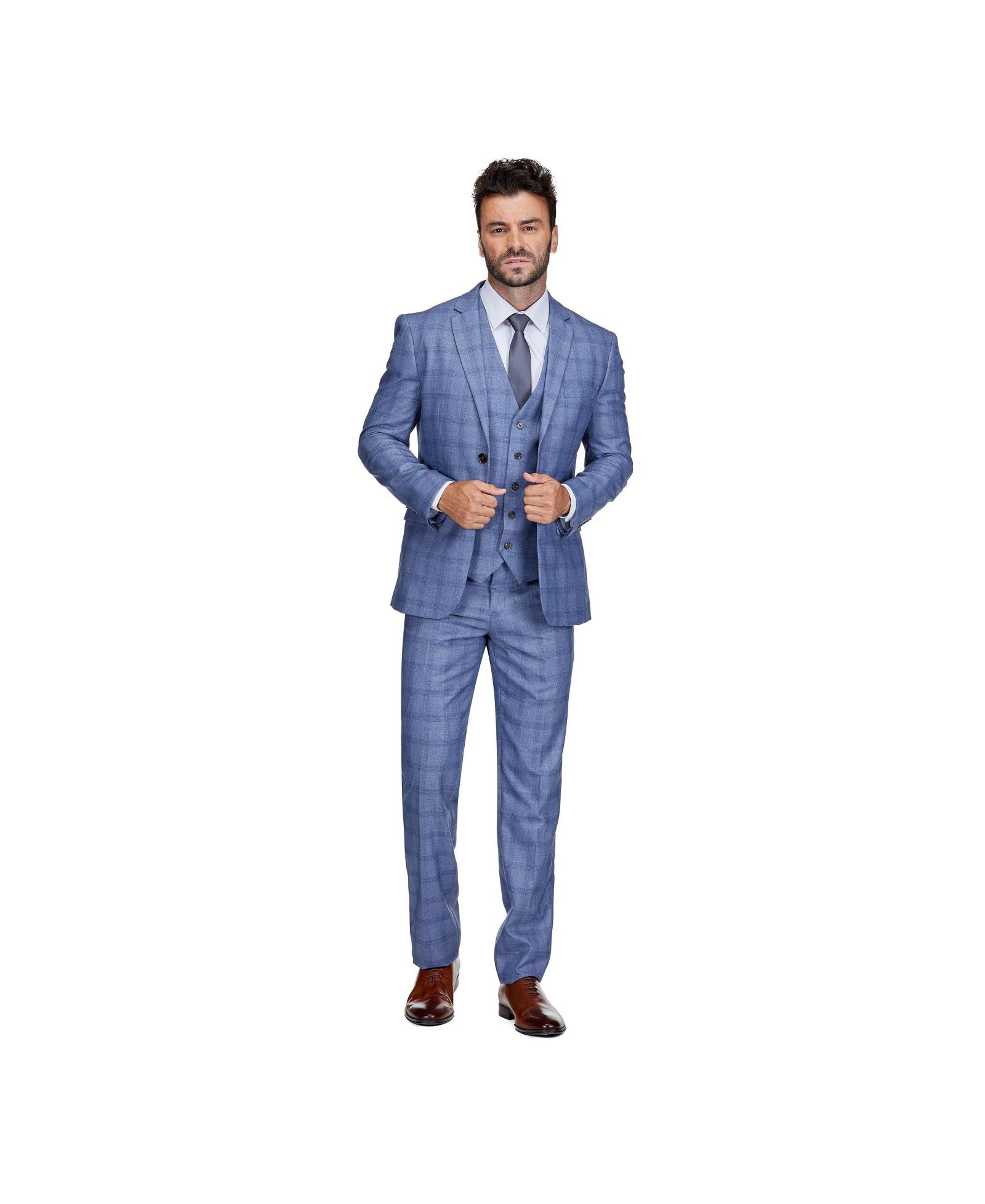 Gino Vitale Men's Slim Fit 3-Piece Light Blue Checked Plaid Suit