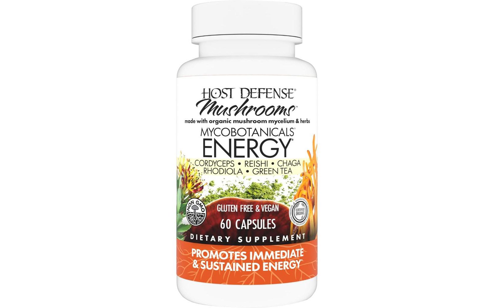 Host Defense MycoBotanicals энергетические капсулы - добавка для поддержки дыхания, травяные капсулы с зеленым чаем, 60 капсул (30 порций)