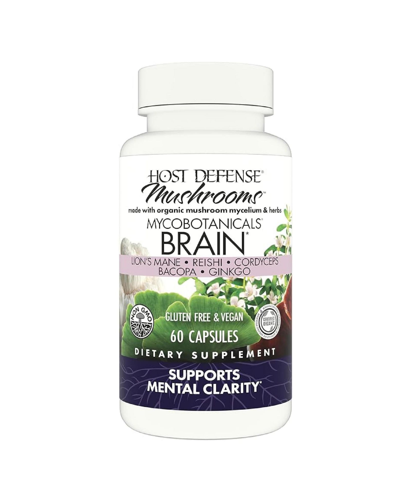 Host Defense MycoBotanicals Brain Capsules - Brain Support Supplement with Lion's Mane, Reishi & Cordyceps Mushroom - Herbal Supplement for Memory & Focus Support - 60 Capsules (30 Servings)