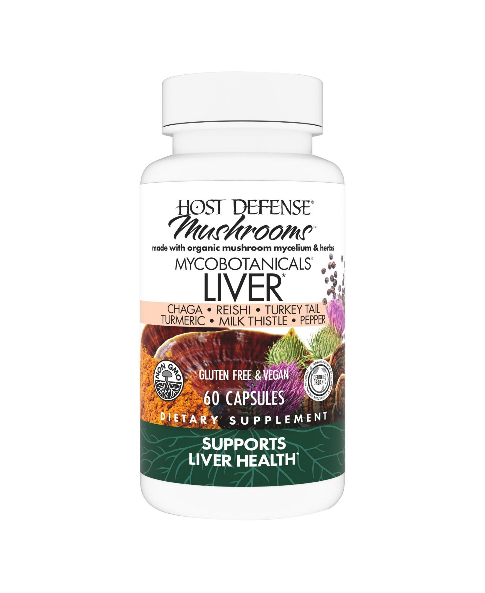 Капсулы Host Defense MycoBotanicals Liver — добавка с грибами Turkey Tail, Reishi и Chaga, 60 капсул